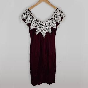 Handmade Women's Burgundy/Red Velvet Cocktail Dress V-Neck W/Lace Size XS Small